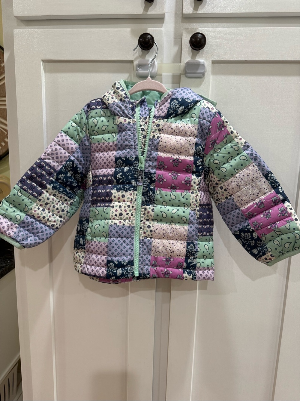 Girls' Patchwork Puffer Jacket - Lavender, Mint & Pink
